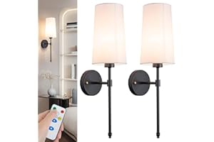 YHCDLAMP Battery Operated Wall Sconce Light with Remote Control, Dimmable Wall Sconce Set of 2 with White Fabric Shade, Indoor Wireless Battery Operated Wall Lamp Light For Bedroom Living Room, Bulb Included (