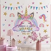 Runtoo Unicorn Wall Decals Rainbow Quotes Peel and Stick Wall Art Stickers for Girls Bedroom Baby Nursery Kids Room Birthday Party Decor Gifts