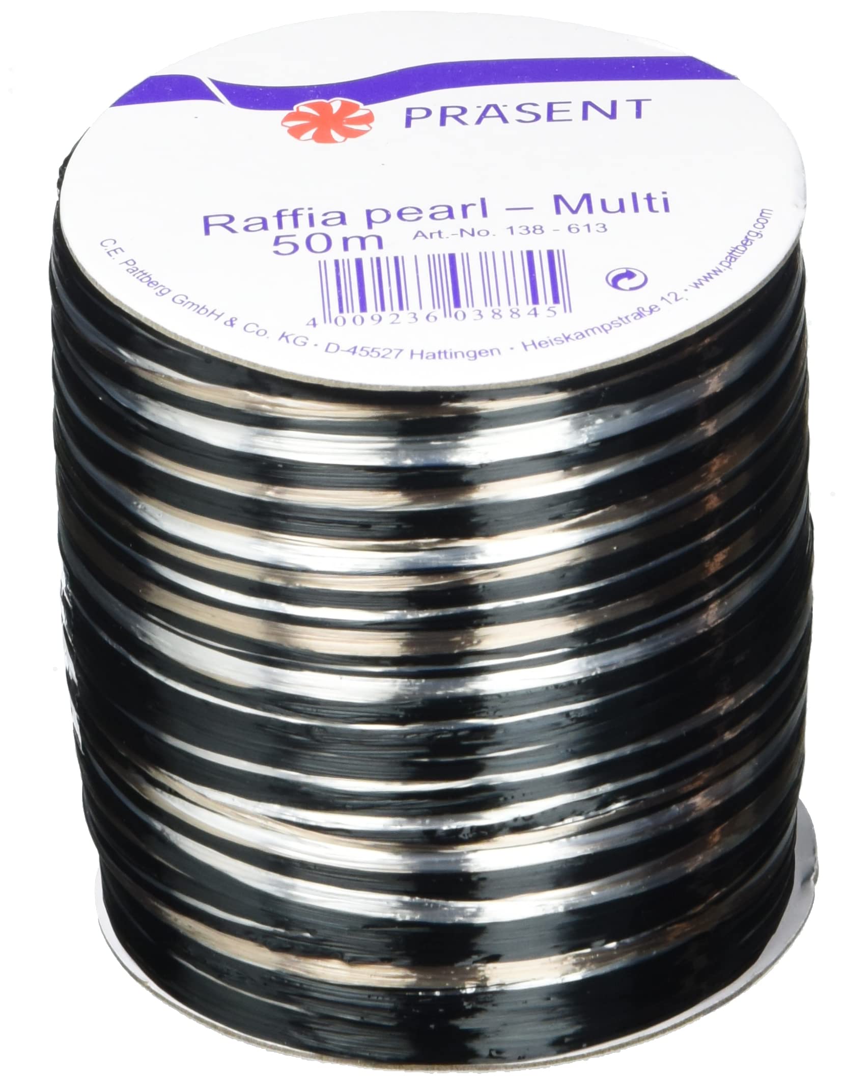 PRÄSENT - Rayon Raffia Biodegradable Ribbon Silver-Black 50 meter spool — image 1