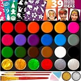 Zenovika Face Painting Kit for Kids - 60 Reusable Stencils & 39-Design Guide Book, 24 Large-Pan Water Activated Face Paints, Covers 30+ Full Faces, Washes Off with Soap & Water, Halloween & Party