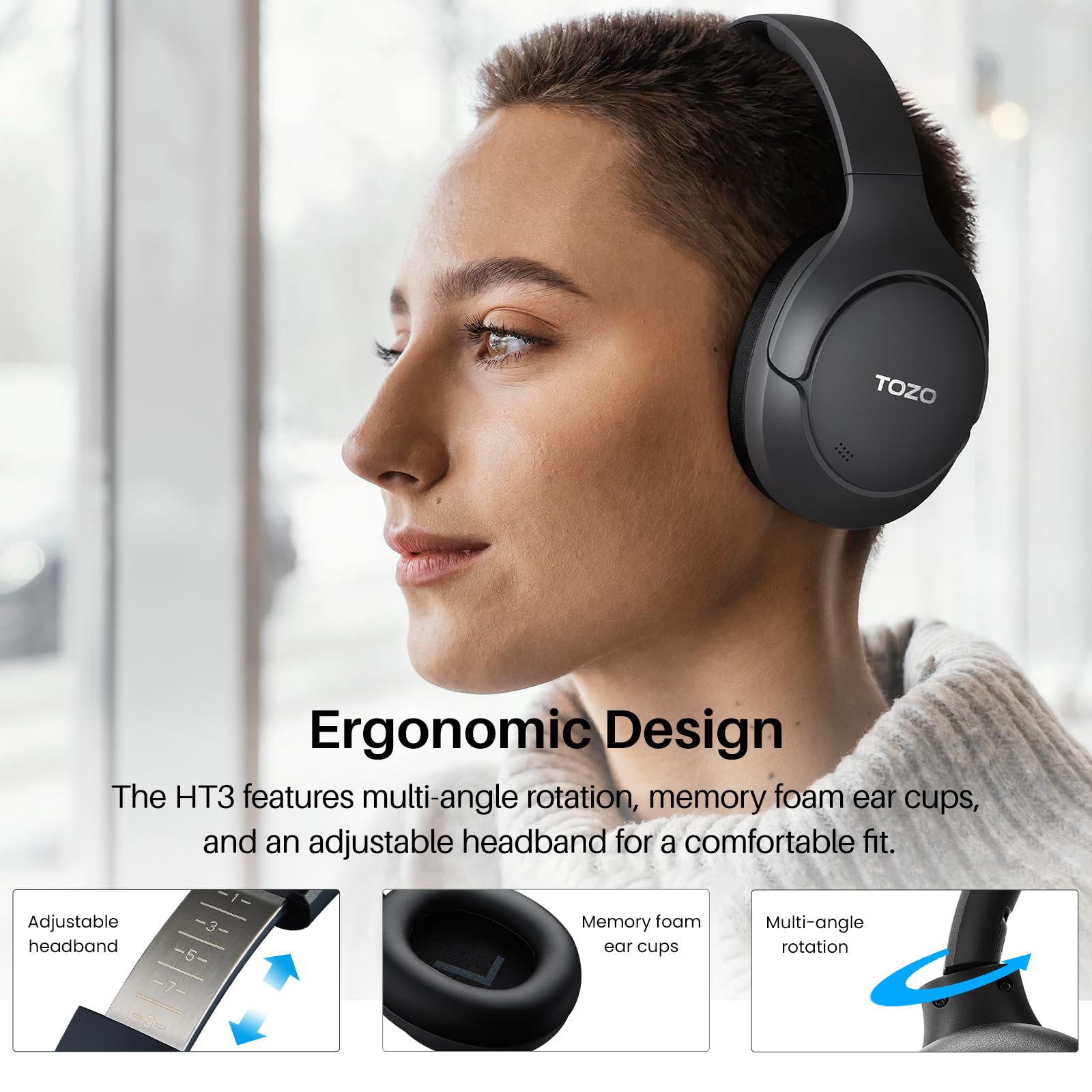 TOZO HT3 Hybrid Noise Cancelling Headphones, 90H Playtime Wireless Over Ear Bluetooth Headset, Spatial Audio AI Chat with 5 Mics, Supports Dual Connection and USB-C Input, with 32 EQ Music Modes