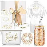Irenare 8 Pcs Bride Gifts Set for Bridal Shower Bachelorette Party Robe Cup Makeup Bag Bracelet Scrunchies Card Pen Gift Box(White)