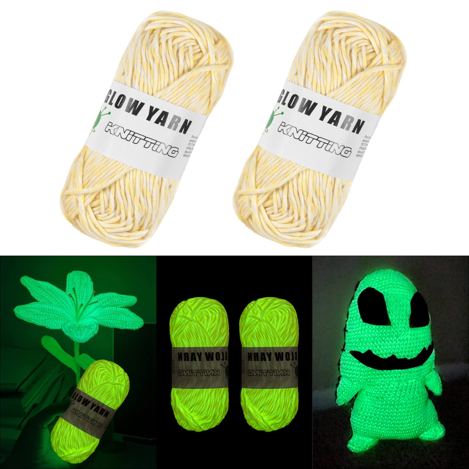 AUAUY Luminous Yarn, 2 PCS Polyester Yarn Glow in The Dark for Crocheting, 50 Yards Knitting Yarn DIY Handcraft Yards for Arts, Carpet Sweater Hat Scarf Gloves, Crafts & Sewing Beginners(Yellow+White) — image 1