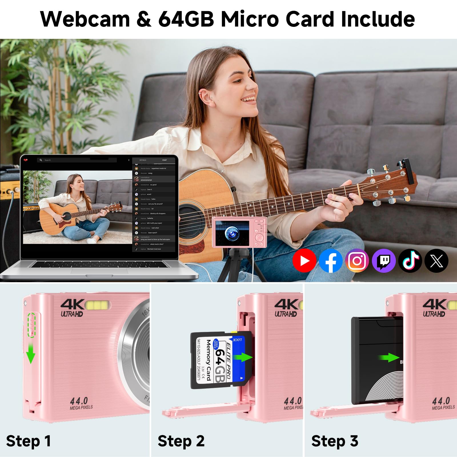 Digital Camera, FHD 4K 44MP Digital Camera for Photography, 16X Digital Zoom, Digital Point and Shoot Camera with 3-LED Fill Lights, 64GB SD Card, Compact Camera for Kids Teen Boys Girls, Pink
