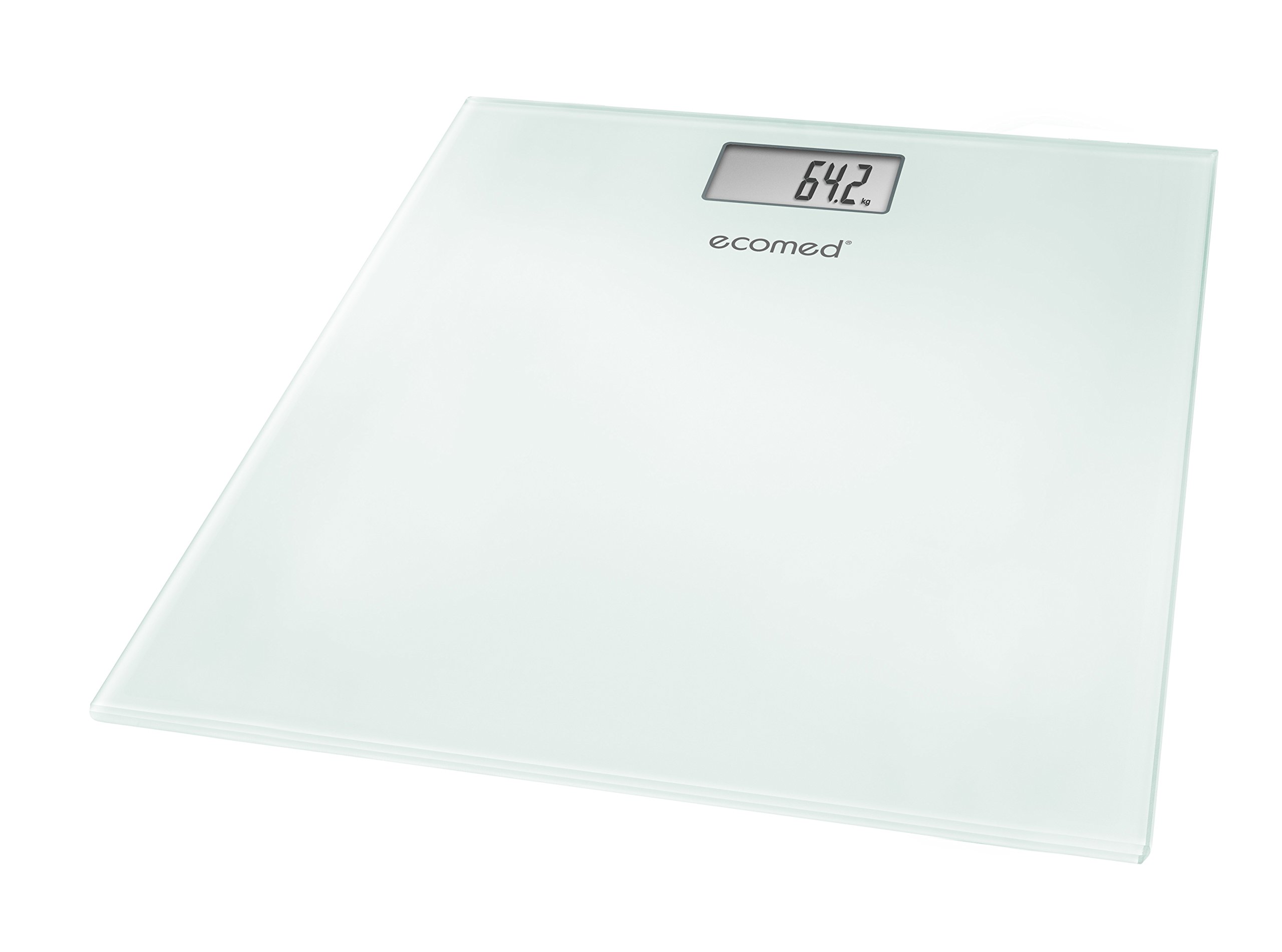 Ecomed PS-72E Digital Bathroom Scale made of Glass up to 150 kg / 330lb - High Precision Sensors - Step-On Function - White - with LCD-Display - 23511