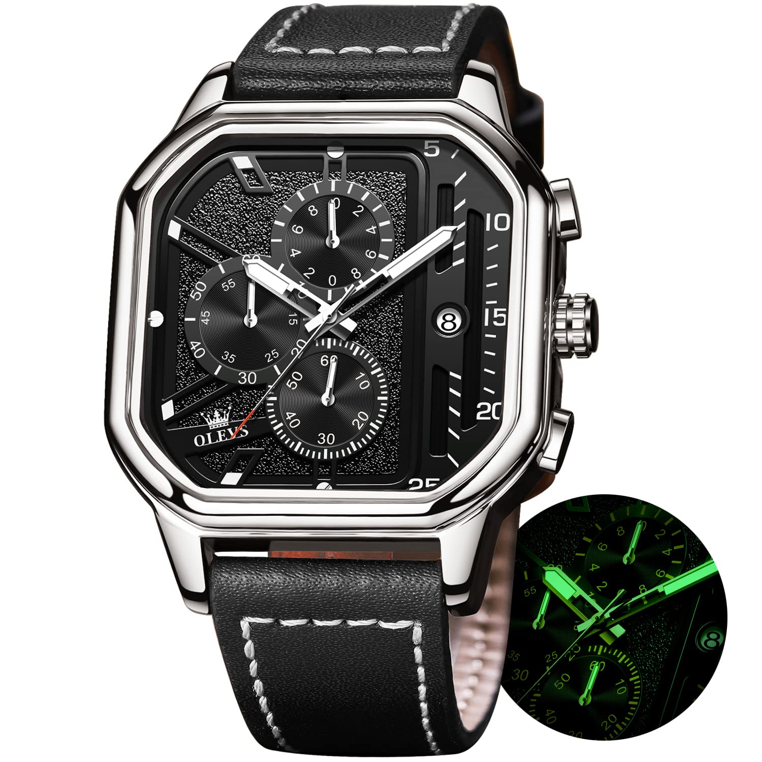 Photo 1 of OLEVS Square Watches for Men Leather Chronograph Fashion Business Men Watch Luminous Waterproof Casual Male Wrist Watches Silver