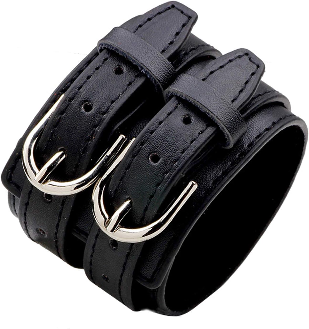 - Punk Rock Double Row Belt Buckle Wristband Wide Leather Cuff Bracelet