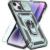 SunStory Compatible with iPhone 14 Plus Case with HD Screen Protector & Slide Camera Cover & Rotated Ring Kickstand, [Military-Grade] Phone Case for iPhone 14 Plus (Green)