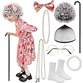 IROOZIGOTO 10Pcs Old Lady Costume for Kids 100 Days of School Costume Old Lady Wig for Girls Granny Grandma Dress Up