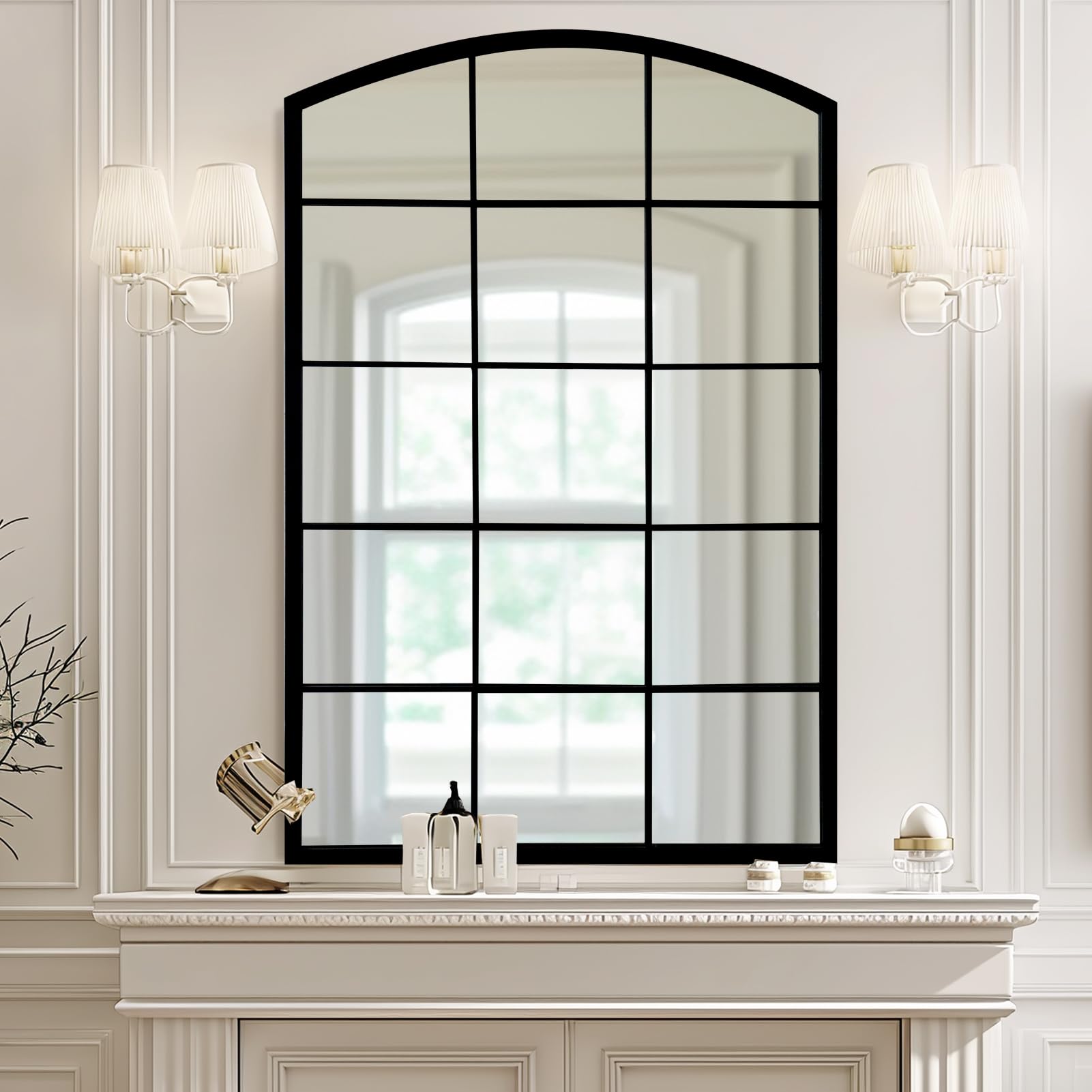 Photo 1 of Deanurs Arched Window Metal Mirror, Black Large Rustic Windowpane Wall Mirror for Decor Living Room Entry Bedroom(24"x36")