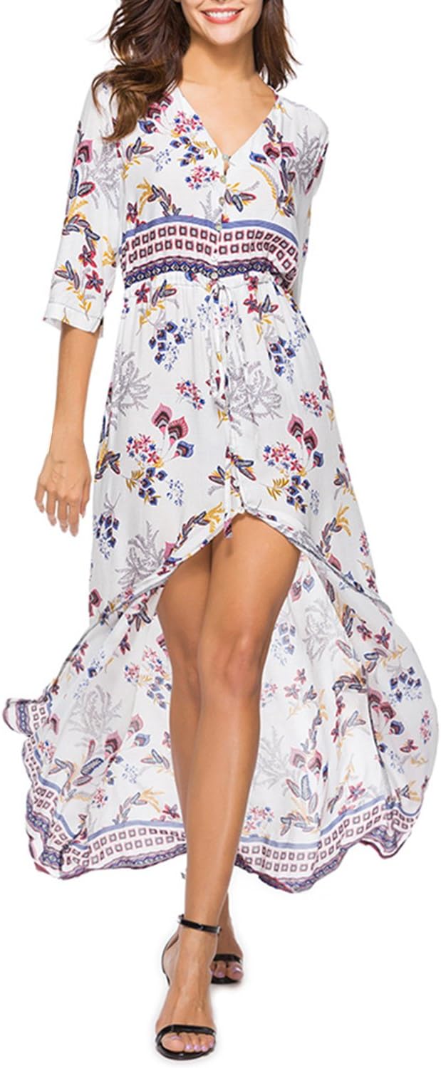 Women Floral Maxi Dress Short Sleeve Sexy Wrap V Neck High Waist Split Sundress Bohemian Beach Cover Up Summer Long Dresses