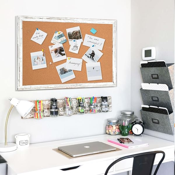 DOLLAR BOSS WHITE CORK BOARD FOR WALL – 24 X 18 INCHES, RUSTIC WOODEN FRAME BULLETIN BOARD, DECORATIVE HANGING PIN BOARD FOR OFFICE & HOME DECOR