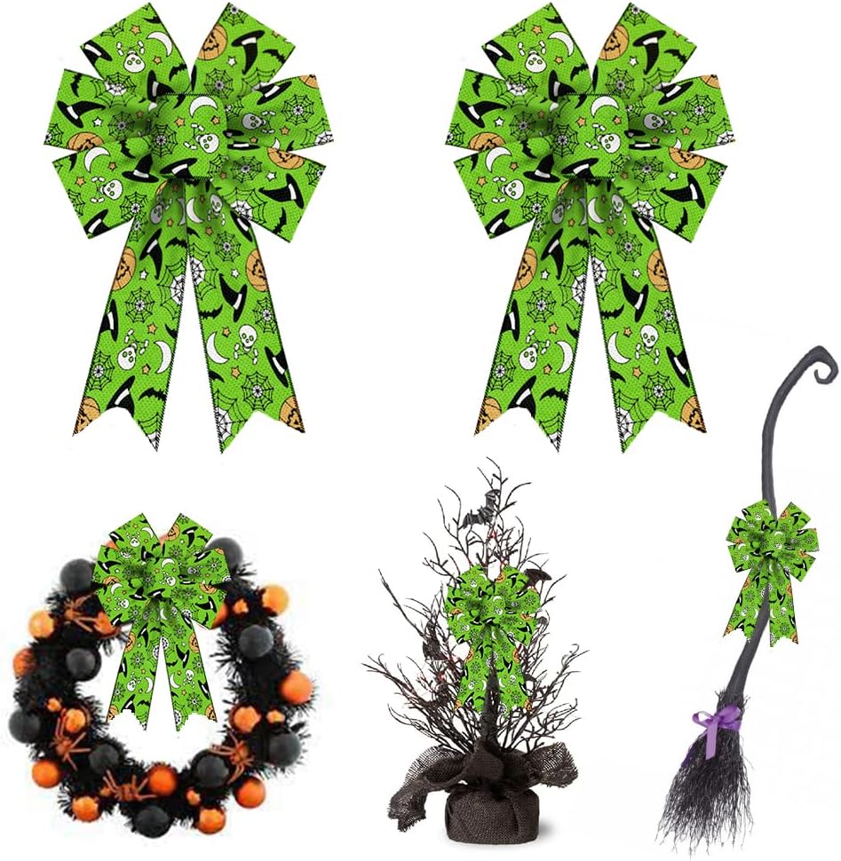 Bows & Ribbons - 2PCS Halloween Wreath Bows, Green Bows for Wreath Rustic Farmhouse Trick or Treat Spider Web Bat Bows for Front Door Pumpkin Witch Hat Bows for Halloween Party Home Indoor Outdoor Decor