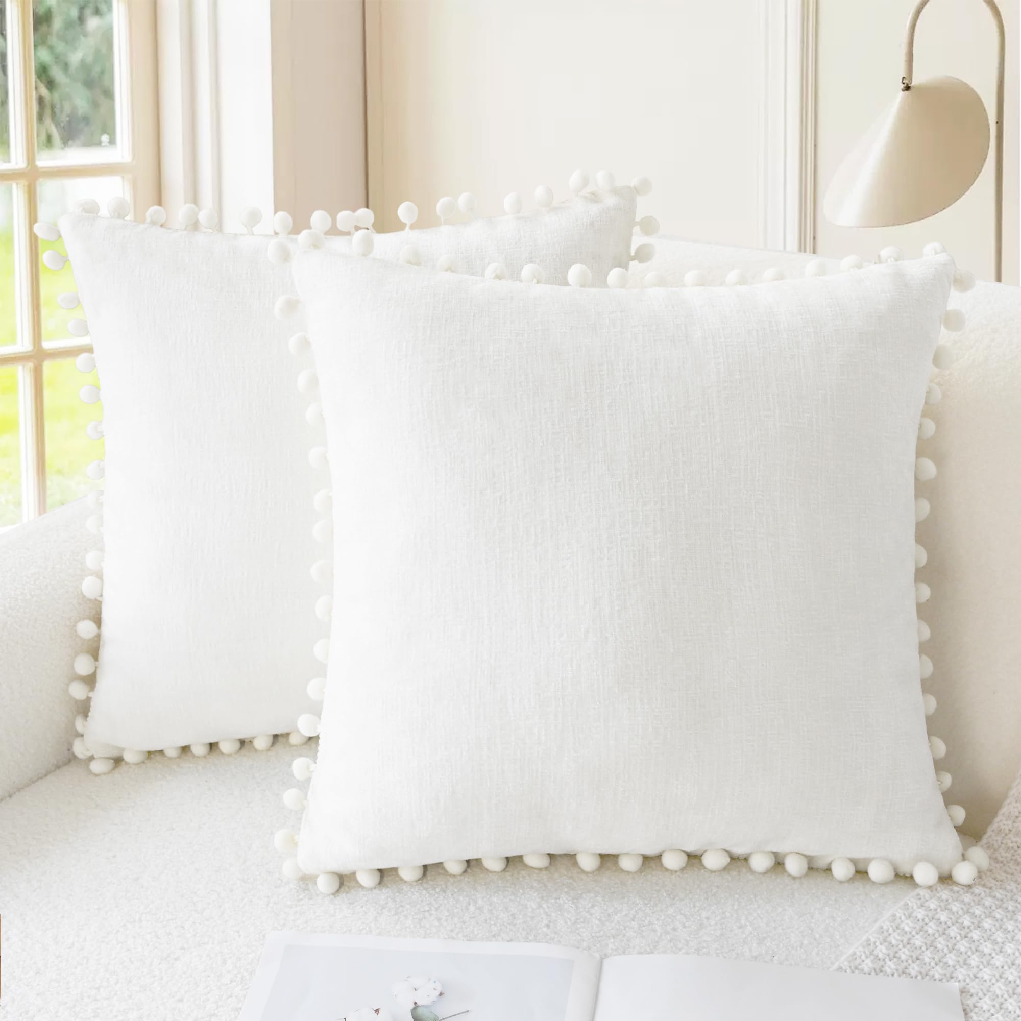 CaliTime Throw Pillow Cases Pack of 2 Cozy Solid Dyed Soft Chenille Cushion Covers with Pom Poms for Couch Sofa Home Decoration 55cm x 55cm True White