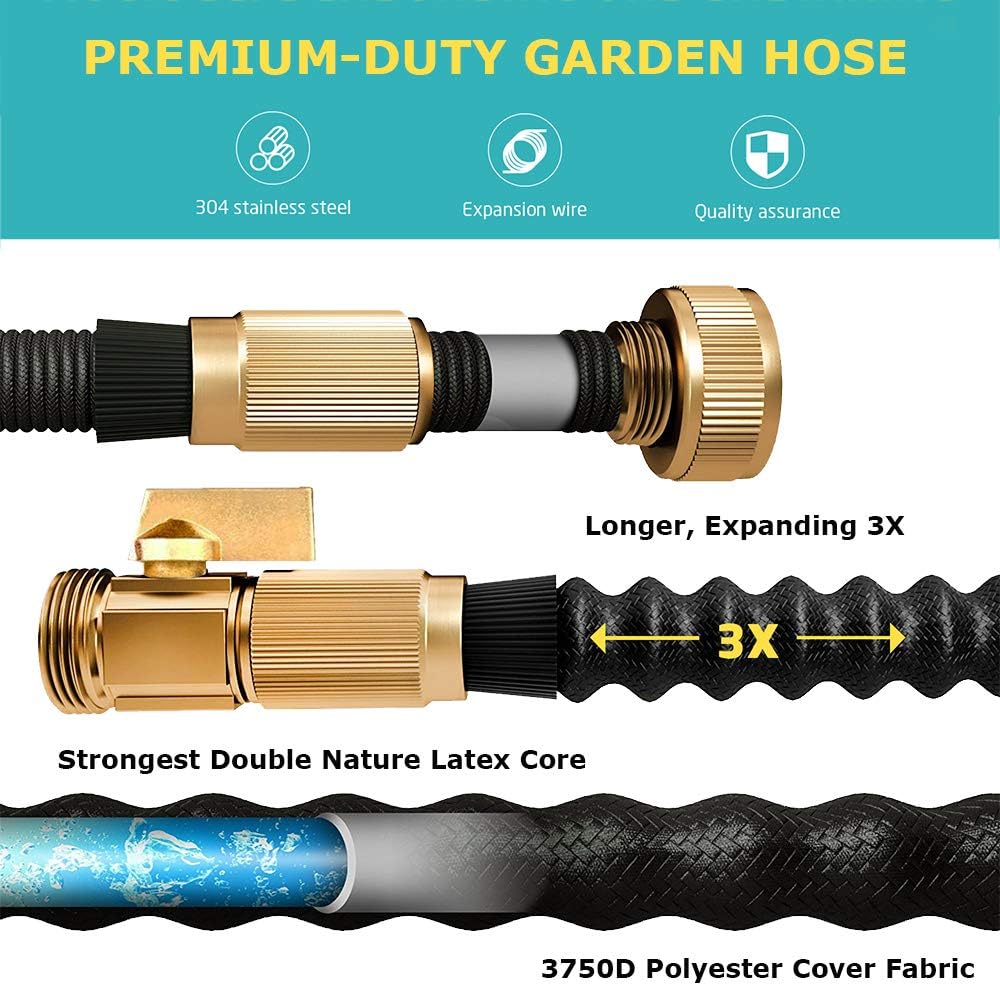 Unzano Expandable Garden Hose 50 ft with 9 Nozzle - Flexible Lightweight Leak Free Kink Free Water Hose, 3/4 in. Solid Brass Connectors, Double Latex Core Hose for Flower beds Gardens Landscaping : Garden & Outdoor