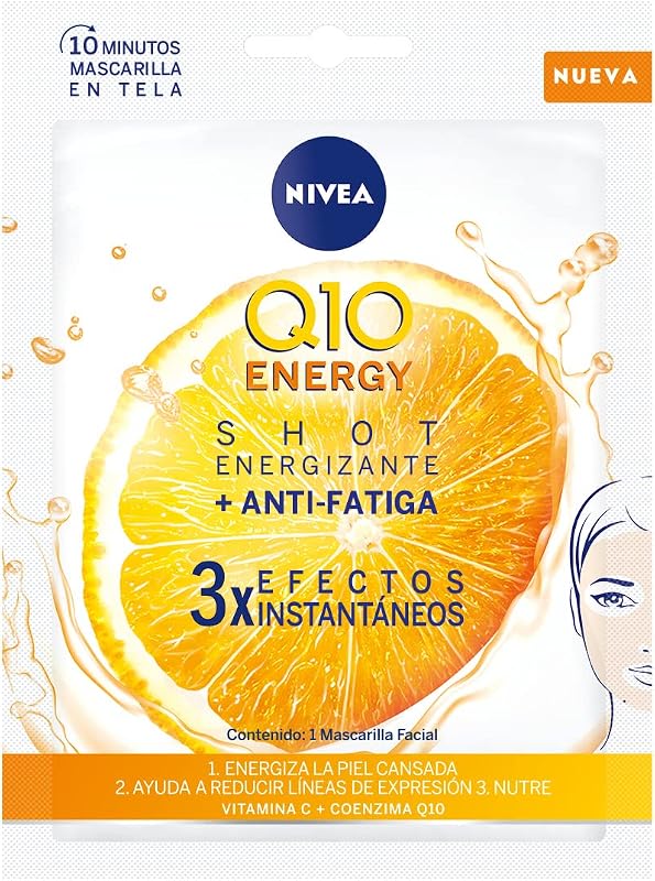 Q10 Energy Mascarilla de Tejido con Vitamina C (1 ud) - Mascarilla Antiarrugas, 3 Efectos Instantáneos, Coenzima Q10, Vitaminas - Piel Seca, Mixta, Normal - 1 Unidad