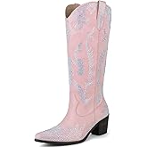 Women’s Rhinestone Cowboy Boots Mid Calf Pointed Toe Sparkly Block Heel Cowgirl Boots with Pull On Tabs