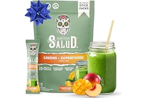 TASTE SALUD Salud 2-in-1 Greens Powder + Superfood Drink Mix Packets, 20+ Fruits and Veggies, Probiotics, Prebiotics, Supports Digestive Health, Bloating Relief, Vegan, Peach Mango (15 Servings)