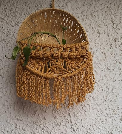 Pooja ki Potli Basket Wall Hanging Macrame Plant Holder/Plant Hanger/Planter-Handmade Cane Basket-Indoor Outdoor-Boho Garden Decor Home D