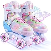 Kids Roller Skates, 4 Size Adjustable Quad Skates with All Light Up Wheels, 10C to 8 Rollerskates for Toddlers, Beginners, Boys, Girls, Outdoor, Indoor
