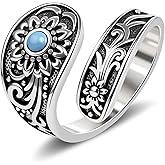 Teppdfann Silver Vintage Turquoise Spoon Ring - Boho Open Ring with Floral Carving, Adjustable Turquoise Jewelry for Christmas Gift