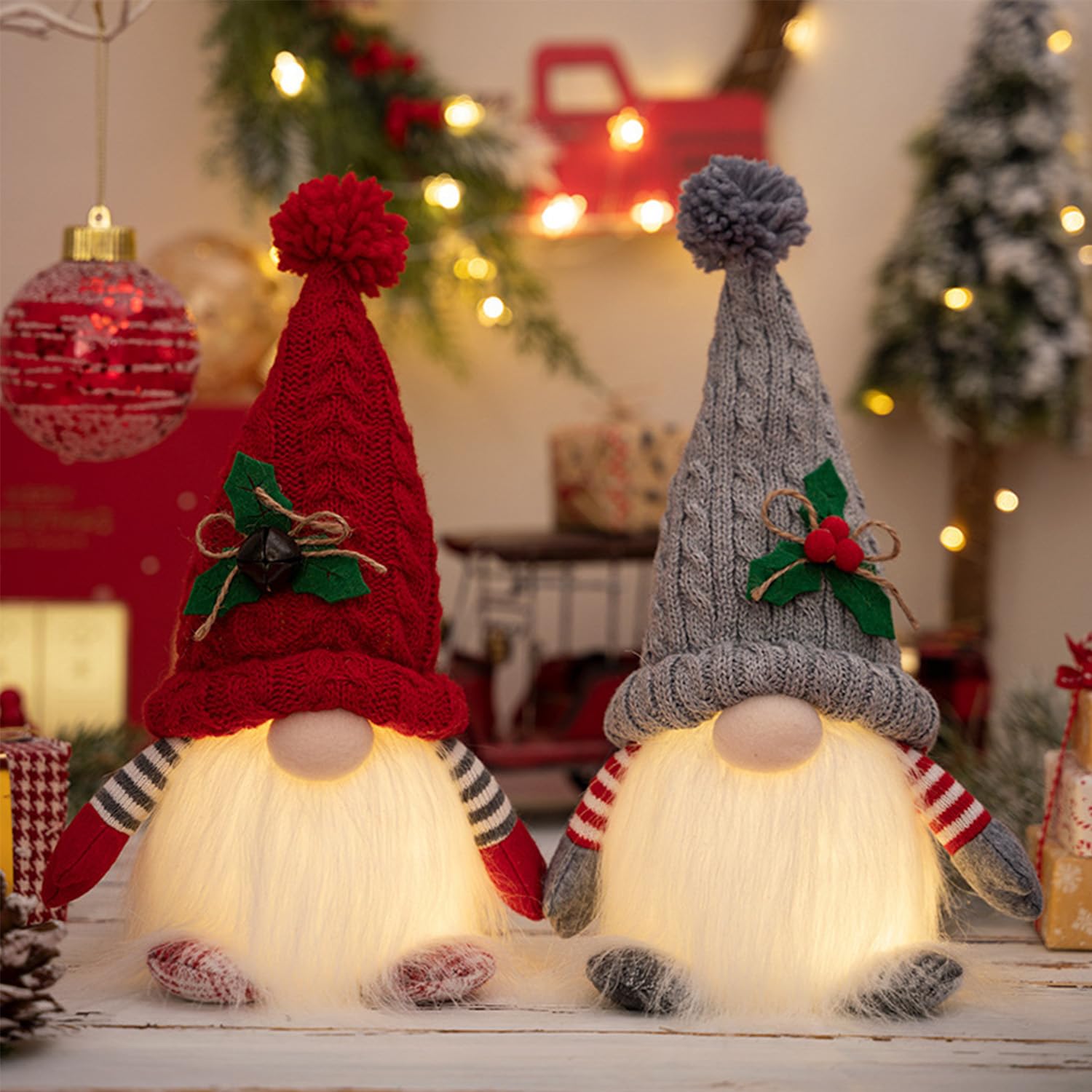 DWTECH 2 Pack Christmas Gnomes Plush with LED Lighting Beard, Handmade Swedish Tomte Santa Scandinavian Figurine Nordic Plush Elf Doll Gnome Ornaments Christmas Decorations Home Decor Gifts