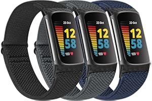 Huamanlou 3 Pack Elastic Loop Breathable Watch Bands Compatible with Fitbit Charge 5 Bands, Soft Adjustable Nylon Sport Replacement Wristband for Women Men