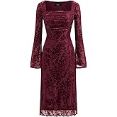 CIDER Womens Velvet Floral Long Sleeve Midi Dress Square Neck Elegant Party Dresses