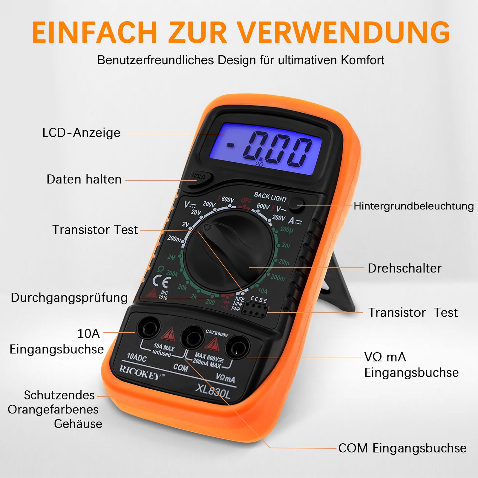 Digital Multimeter Voltmeter Batterietester Spannungsprüfer Durchgangsprüfer Ohm Volt Ampere Messgerät AC/DC Spannung Strom Widerstand Diode Transistor, Großes LCD Anzeige und Hintergrundlicht 5