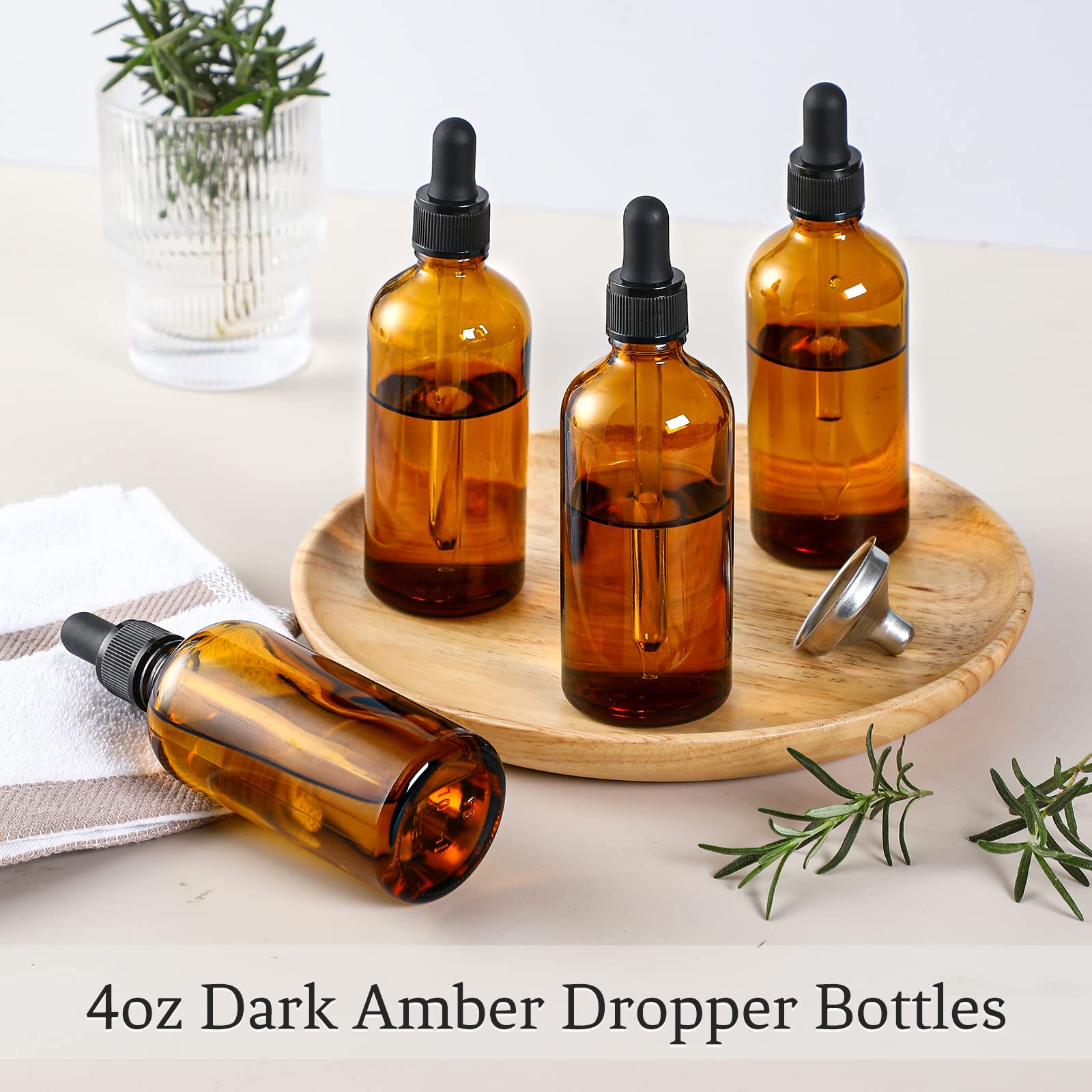 AOZITA 4 Pack, 4 oz Dropper Bottles with 1 Funnel & 4 Labels - Essential Oils Bottles for Health, Personal Care & Beauty - 120ml Thick Dark Amber Glass Tincture Bottles with Eye Droppers, Leakproof