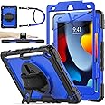 SEYMAC stock Case for iPad 9th/ 8th/ 7th Generation 10.2'', Shockproof with Screen Protector, Pencil Holder [360° Rotating Hand Strap] & Stand, for iPad 10.2 inch 2021-2019 (Blue+Black)