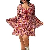 BEAUDRM Women's Y2k Plus Size Hippie Vintage Boho Dress Leopard Bell Long Sleeve V Neck Bow Mesh Goth Mini Dresses
