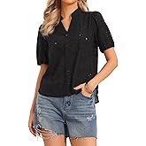 Allegra K Short Sleeve Summer Tops for Women Casual V Neck Hollow Out Eyelet Top Shirts