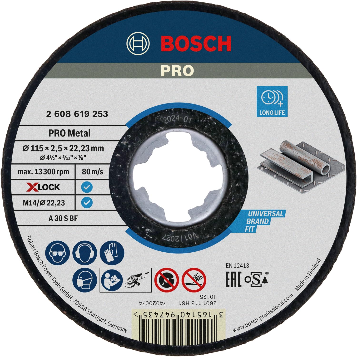 Bosch 1x PRO Metal Longlife Cutting Disc for Small Angle Grinder and X-Lock, M14/22.23 mm (for Steel, Ø 115 mm, Professional Accessory Small Angle Grinder)