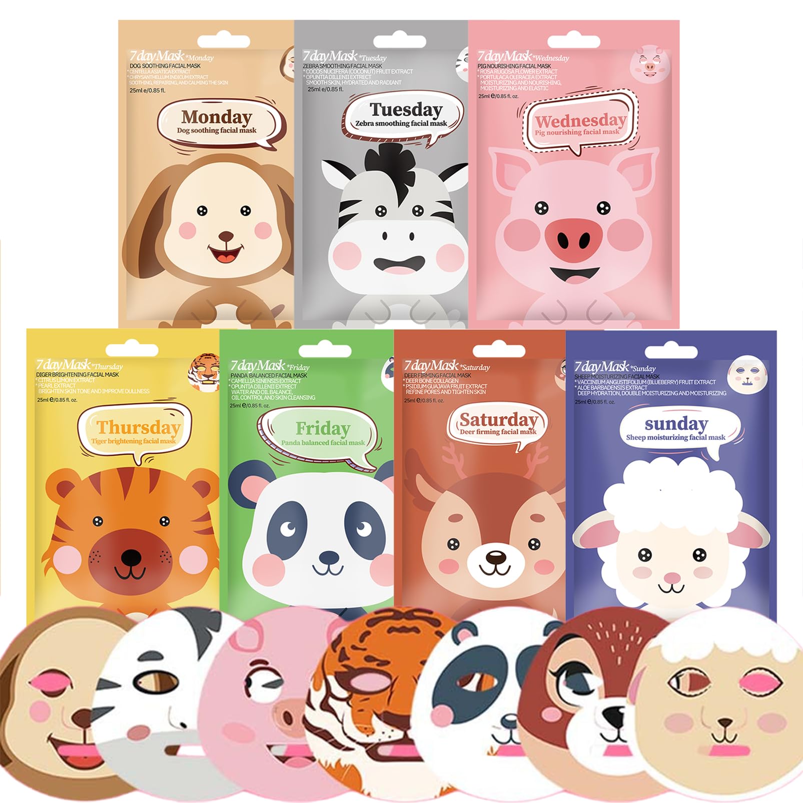Sheet Face Masks Set, 7Pcs Hydrating Face Masks for Teenage Girls, Fun Animal Printed Sheet Masks Gift Set, Moisturizing, Brighten, Soothe Facial Masks Skincare for All Skin Types