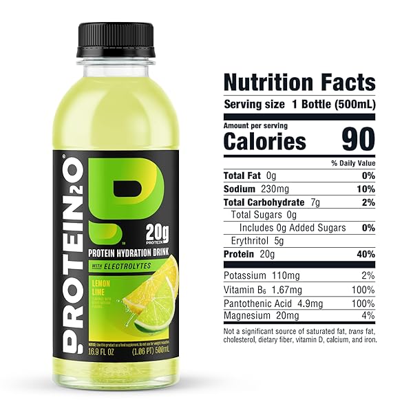 PROTEIN2O 20G WHEY PROTEIN ISOLATE HYDRATION DRINK, 350MG OF ELECTROLYTES, VITAMINS B5 & B6, SUGAR FREE, LEMON LIME, 16.9 OZ BOTTLE (12 COUNT)