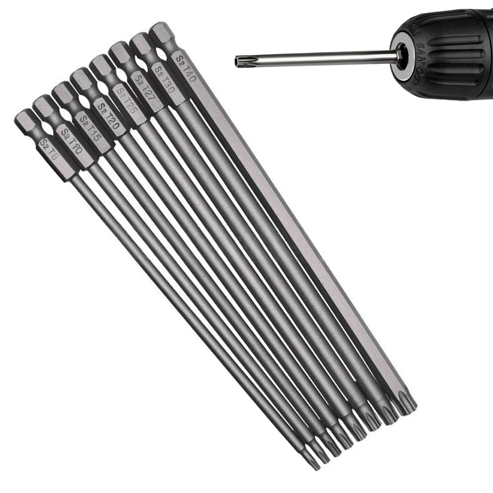 GIONAR 8pcs Torx screwdriver sets, 200mm/7.9" long security screwdriver set, 1/4 inch hex shank star screwdriver drills T8-T40, S2 alloy steel material, for