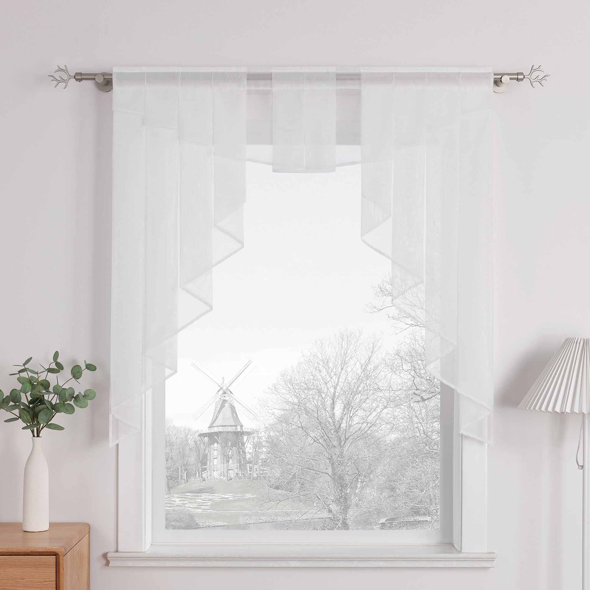 HongYa clear, voile slit curtain, drawstring, short stores, kitchen, small window curtain., Polyester, White, H/B: 100/100 cm