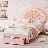 Keyluv Twin Princess Bed Frame with Storage Drawers, Soft Velvet Upholstered LED Platform Bed with Adjustable Cute Shell Headboard, No Box Spring Needed, Noise-Free, Pink