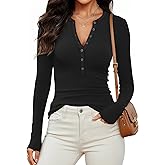 Prettywear Womens Long Sleeve Henley Shirts 2026 Spring Fashion Clothing Fitted Casual Basic Cute Tops Button V Neck T-Shirts