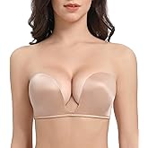 Lemorosy Women's Deep V Plunge Red Carpet Convertible Push Up Strapless Padded Bra -Low Cut Sexy U Shaped