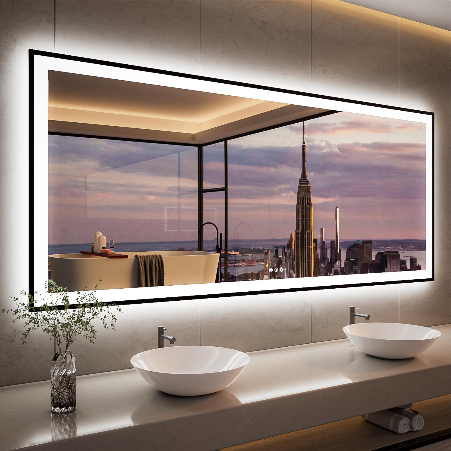 Photo 1 of ISKM Framed LED Mirror for Bathroom 88"x38", Dimmable LED Bathroom Mirror with Lights, Anti-Fog, Front and Backlit Lighted Mirror 3-Colors, Shatterproof, Memory Function