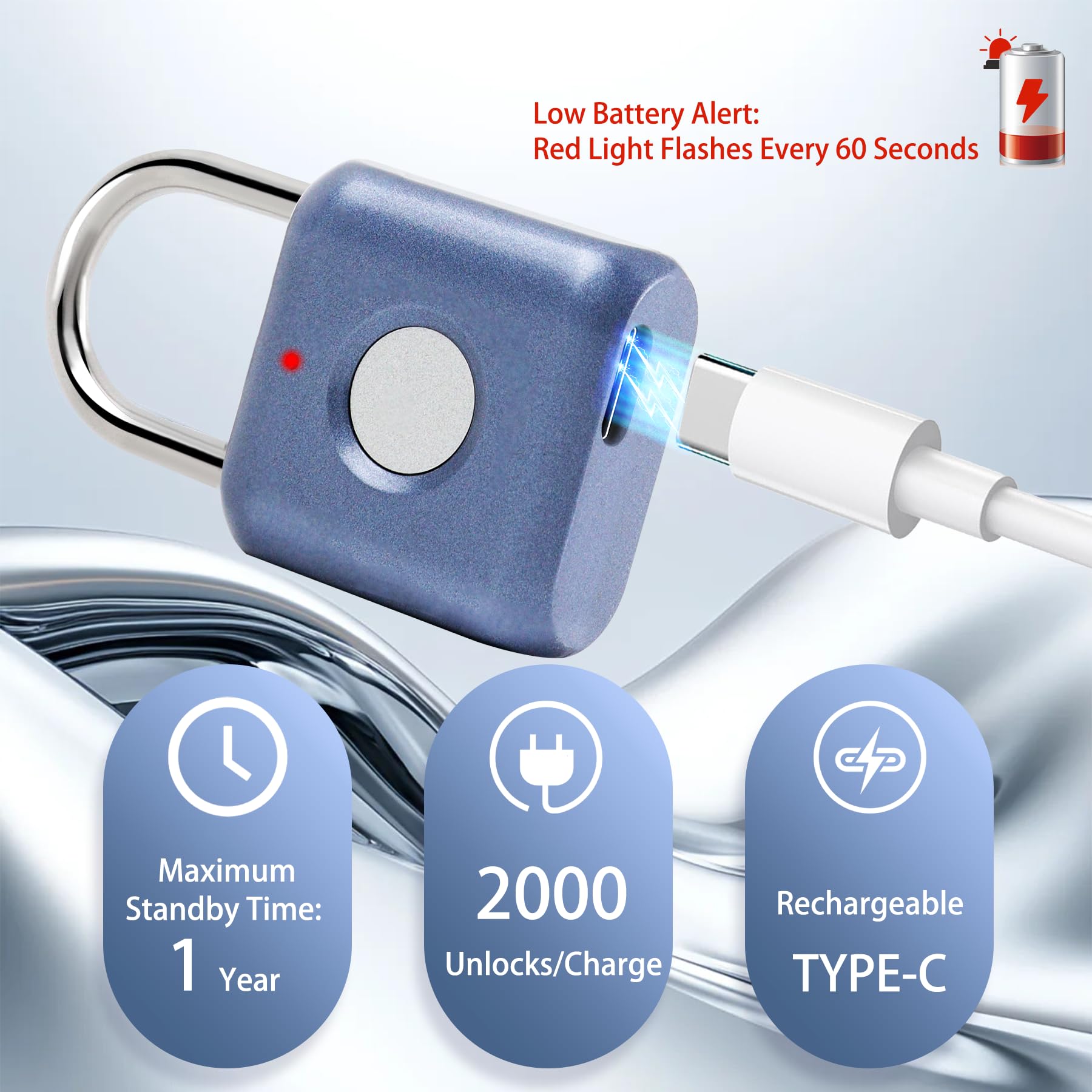 Fingerprint Padlock, Keyless Biometric Lock, Water-Resistant, USB Rechargeable Smart Lock for Bookcases, Bikes, Sports Lockers, Storage, Blue
