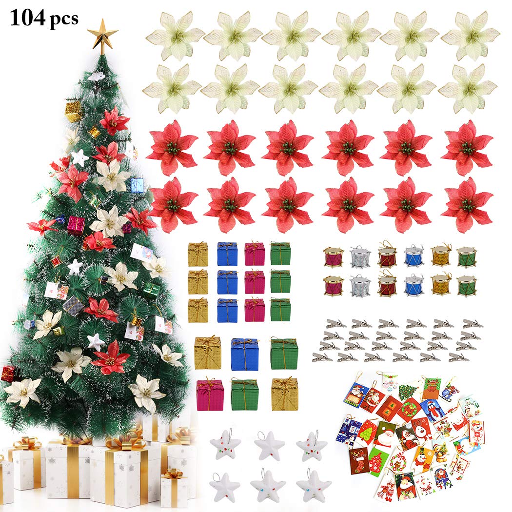 Bageek Christmas Tree Ornaments Sets 104PCS Christmas Tree Decorations and Hanging Ornaments Poinsettias Artificial for Christmas Tree