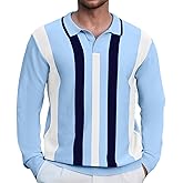 Ryehack Mens Casual Polo Shirts Knit Long Sleeve Vintage Striped Button T-Shirt Slim Fit Golf Vacation Shirt