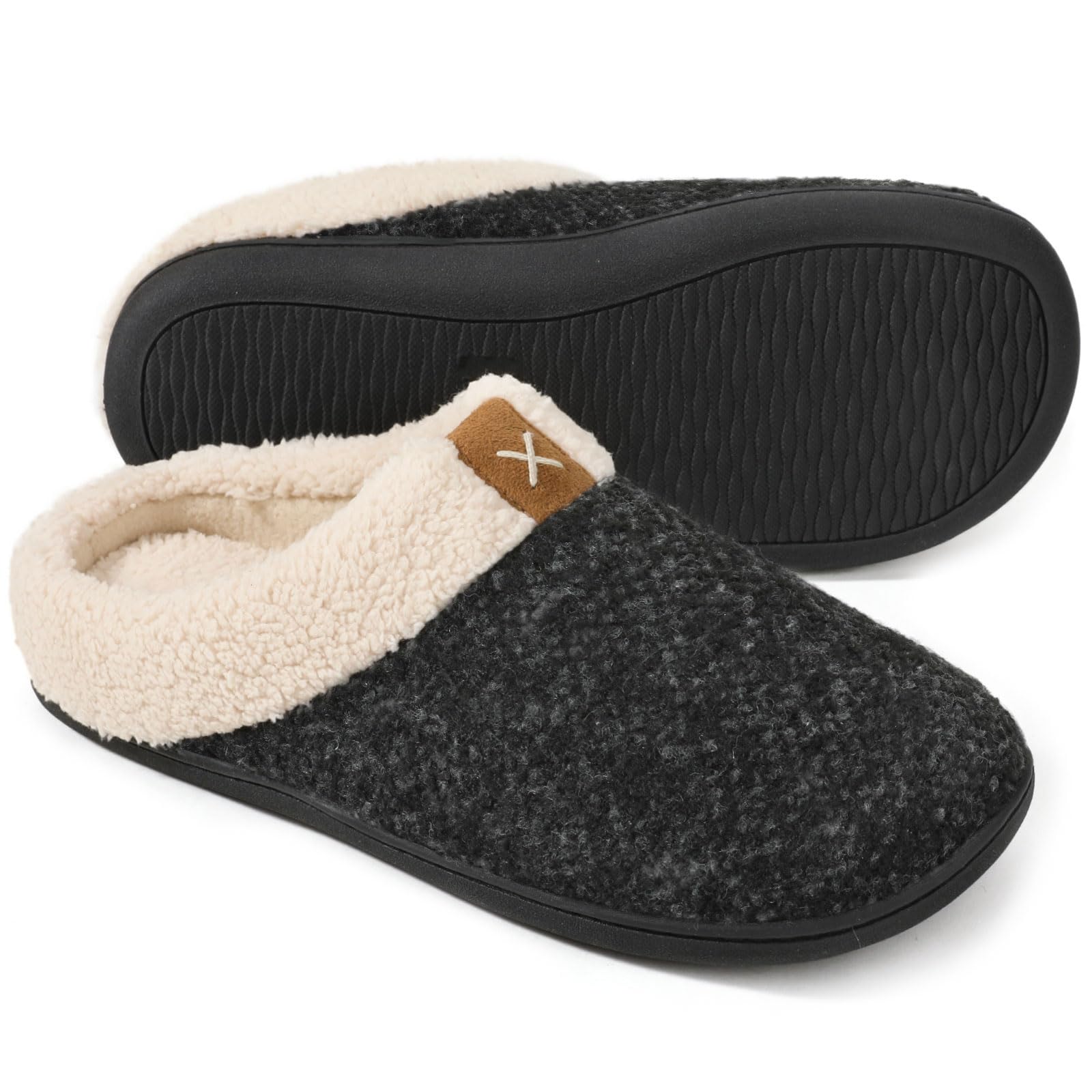 Photo 1 of ULTRAIDEAS Mens Slip On Slippers, Sherpa Lined House Shoes with Memory Foam for Indoor Outdoor, Machine Washable (Upgrade Black, Size 9-10)