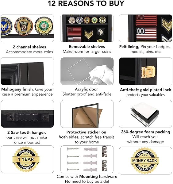 VERANI MEDALS DISPLAY CASE WALL FRAME FOR COLLECTOR, MILITARY CHALLENGE COINS HOLDER, PINS, LOCKABLE SHADOW BOX WITH REMOVABLE SHELVES BLACK