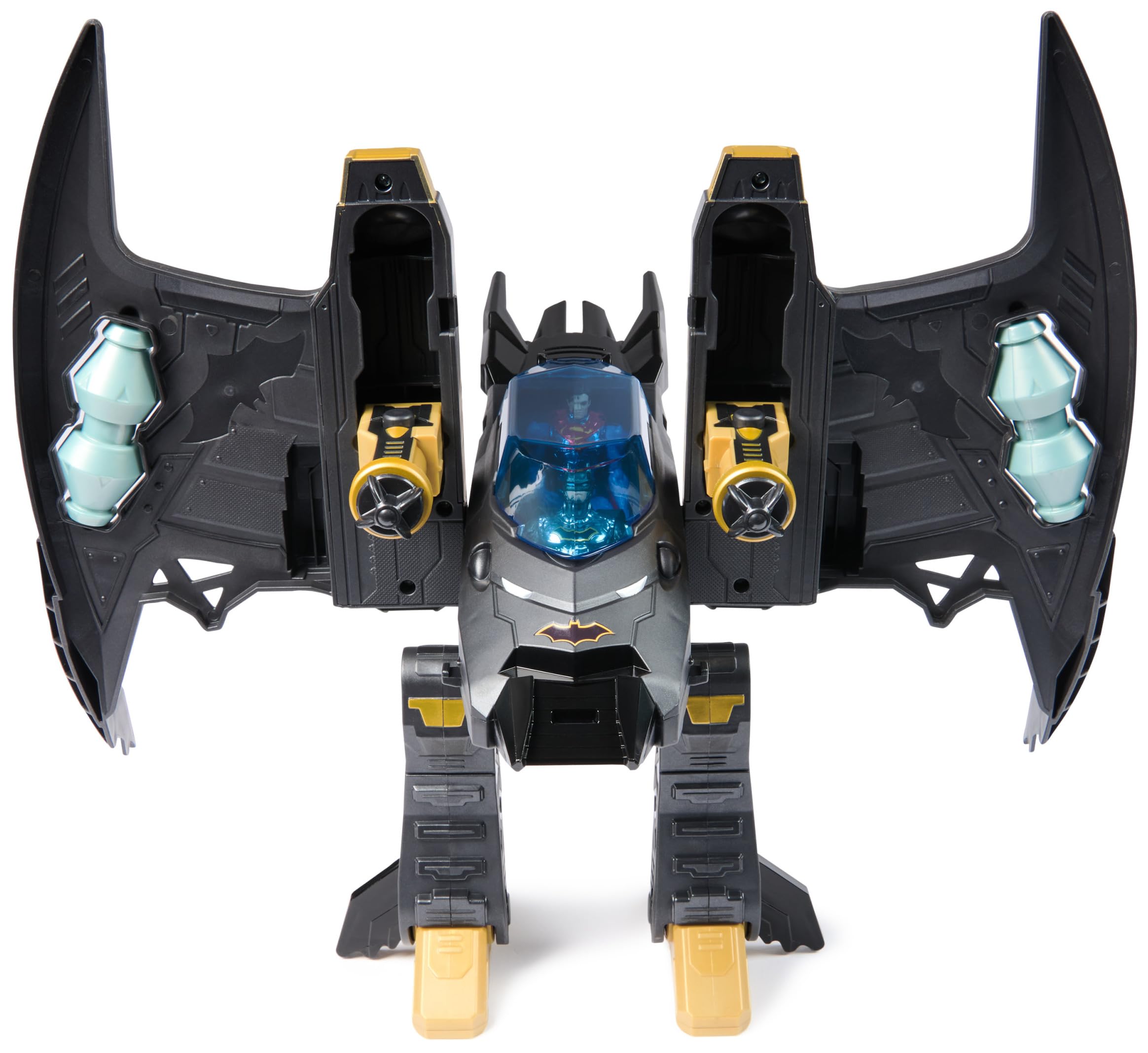 DC Comics, Metal Force Transforming Batwing, 2-in-1 Playset, Includes Batman and Superman Figures, with Projectiles and Character Cards, Kids Toy for Boys Ages 4 and Up