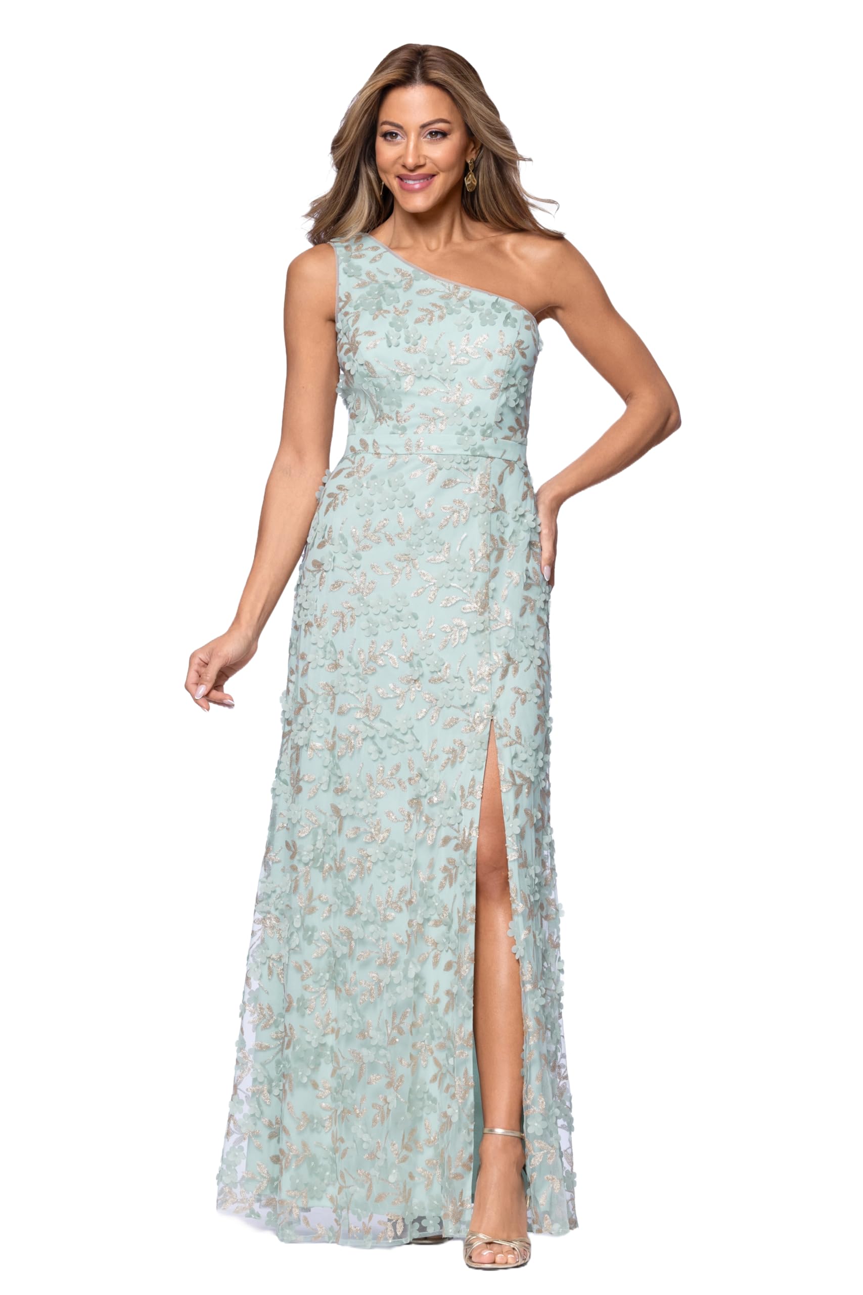 Xscape Women’s 3D Flowers One Shoulder Floor Length Dress, Sage/Gold, 6
