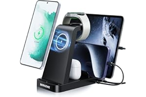 BERXZWE Wireless Charger for Samsung Charging Station, 5 in 1 Wireless Fast Charger for Galaxy S25 Ultra/S24 Ultra/S23/S22, Watch Ultra 7/6/5/4/3, Charger Dock Stand for All Galaxy Tab Series,Black